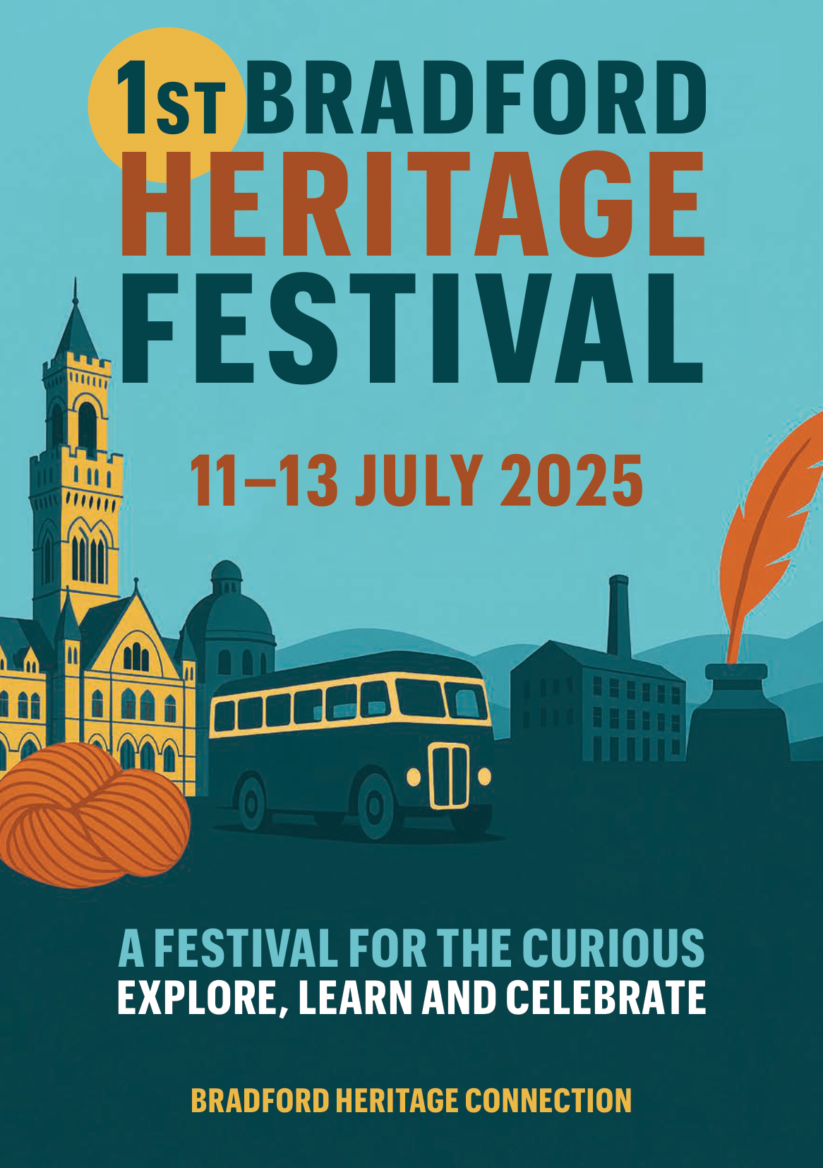 Bradford Heritage Festival Programme 2025 cover featuring a vibrant collage of local landmarks, community members celebrating, and colorful festival banners. The text Bradford Heritage Festival Programme 2025 is prominently displayed at the top. The overall tone is festive and welcoming, set against a backdrop of Bradford cityscape and green spaces.