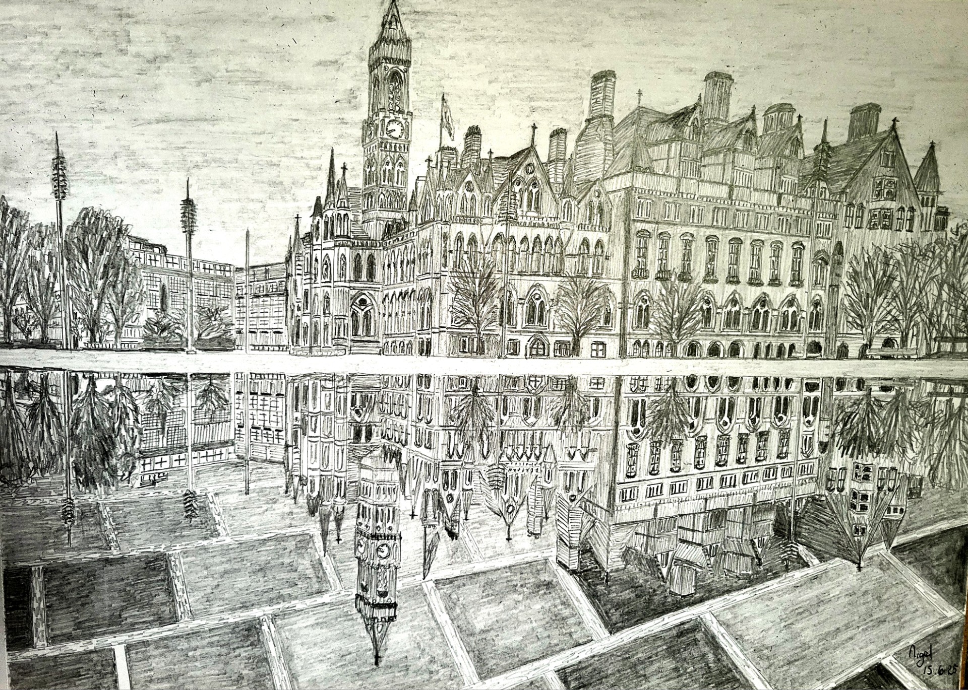 Drawing of a large building surrounded by trees, reflected in water of a mirror pool