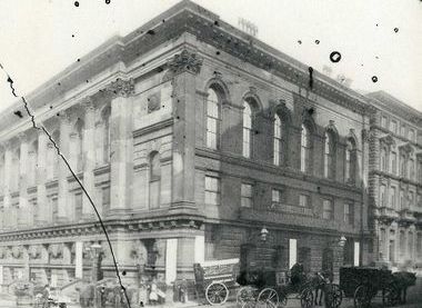 Black and white image of the exterior of os St George's Hall