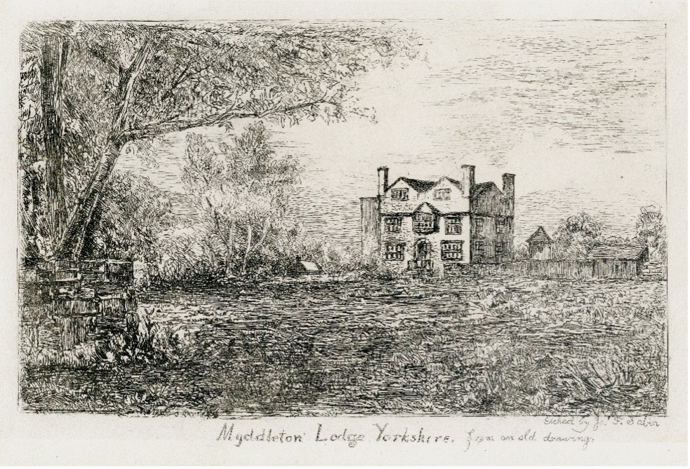 Pencil drawing of large house in the distance surrounded by trees and greenery with "Middleton Lodge Yorkshire" handwritten at the bottom of the drawing